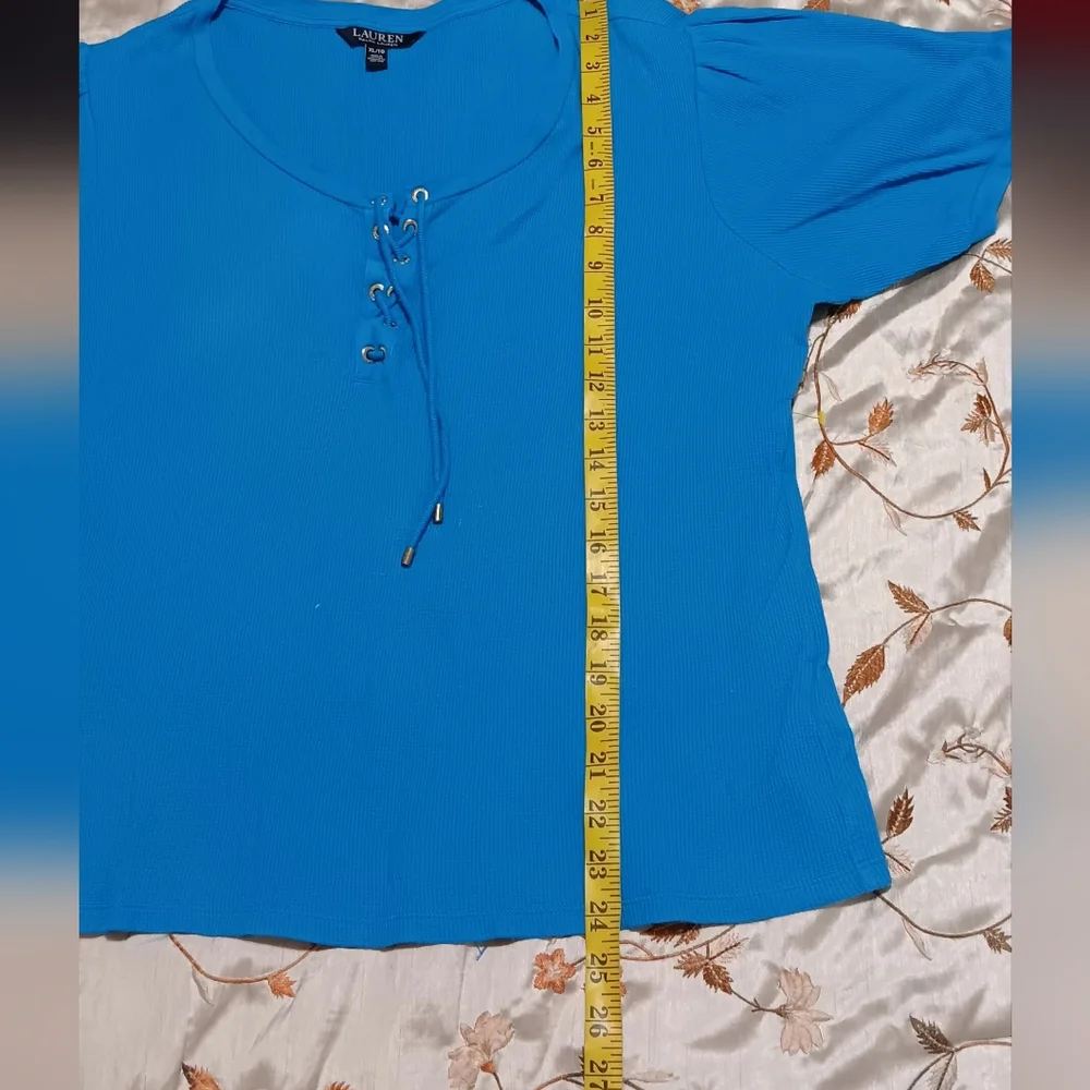 Lauren Ralph Lauren Women Lace-Up Stretch Royal Blue‎ SzXL Tops Short Sleeve
